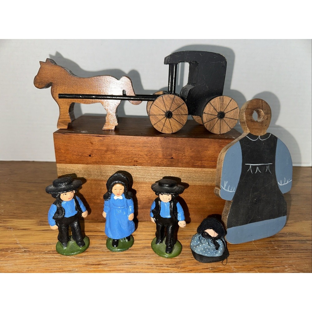 Vintage Set Of 3 Amish Cast Iron Figurines, 2‎ Wooden & Wood Buggy~Folk Art!!